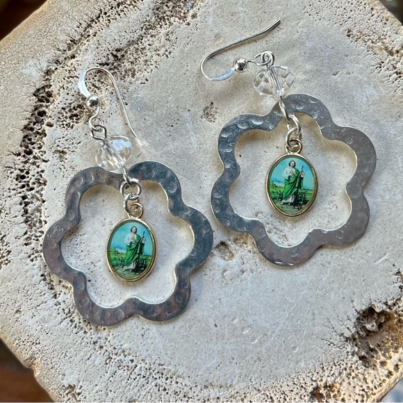 SOLD St. Jude Hammered Silver Dangle Earrings - Picture 12 of 16